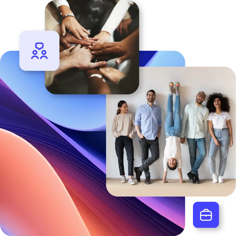 A cheerful group of young professionals, posing playfully, paired with an image of close up top view of people putting their hands together