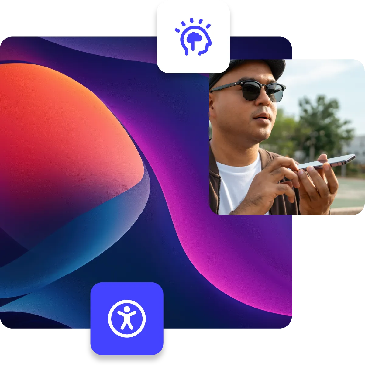 Visually impared man in dark glasses using his phone with accessible application, paired with abstract background and accessibility icon.