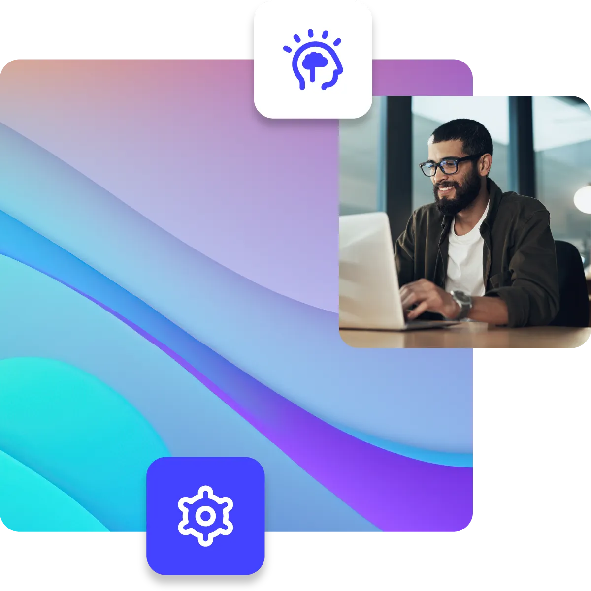 Young happy man working on laptop paired with abstract colourful background and gear icon