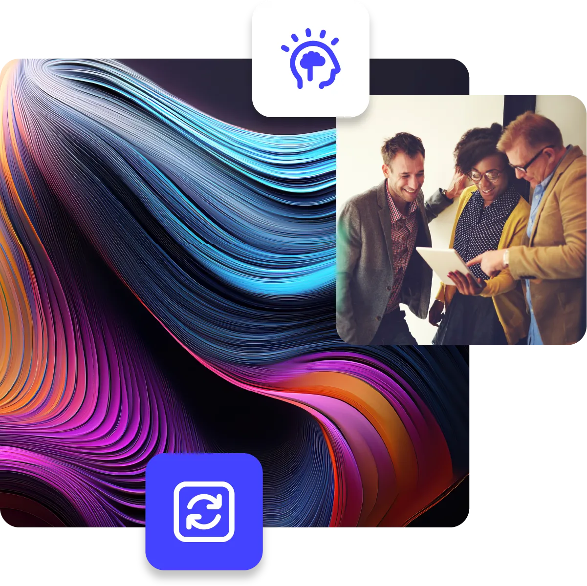 Happy group of coworkers showing each other something on a tablet, consulting projects, paired with abstract background and cycle icon