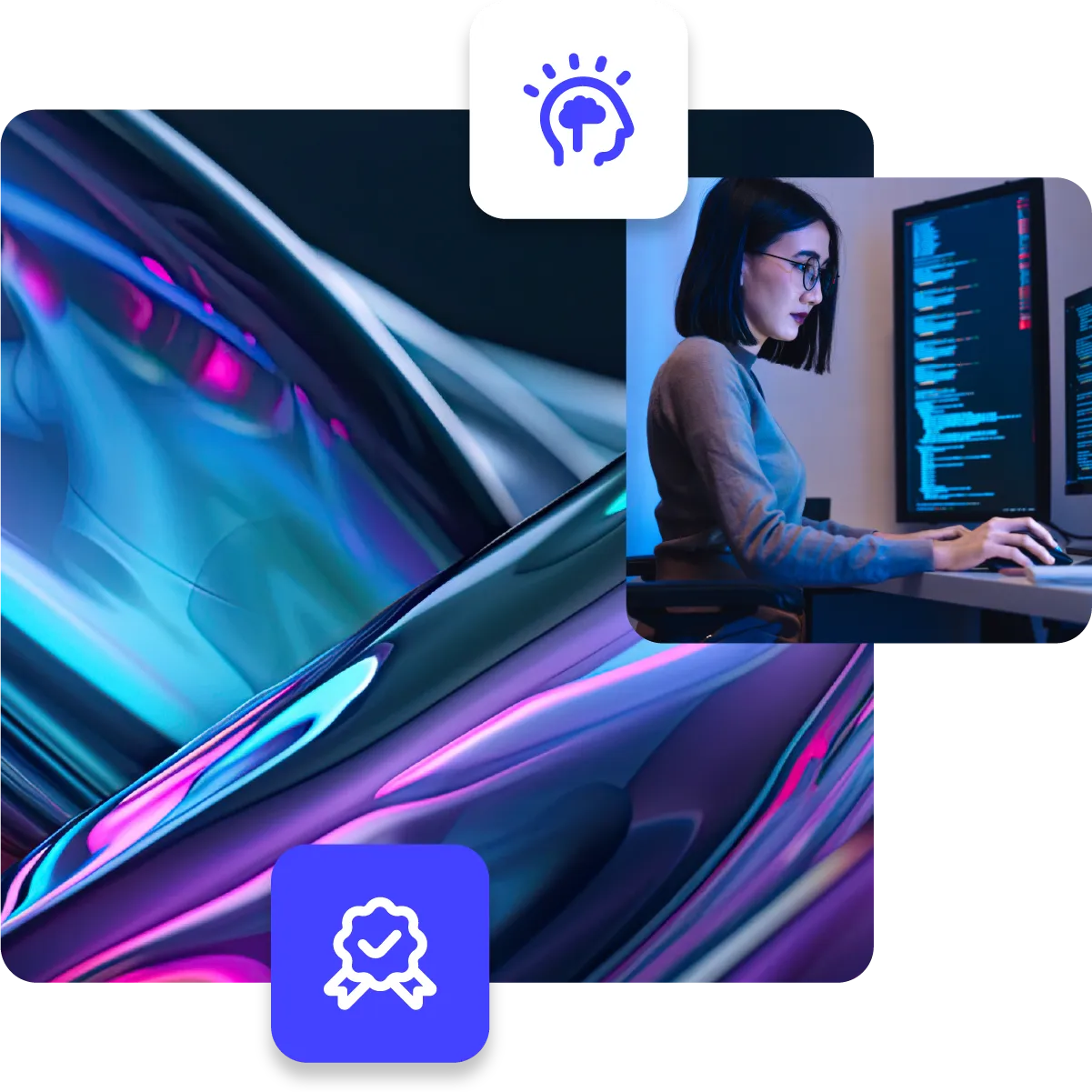 Serious looking young woman writing code on computer, paired with abstract colourful background and quality badge icon