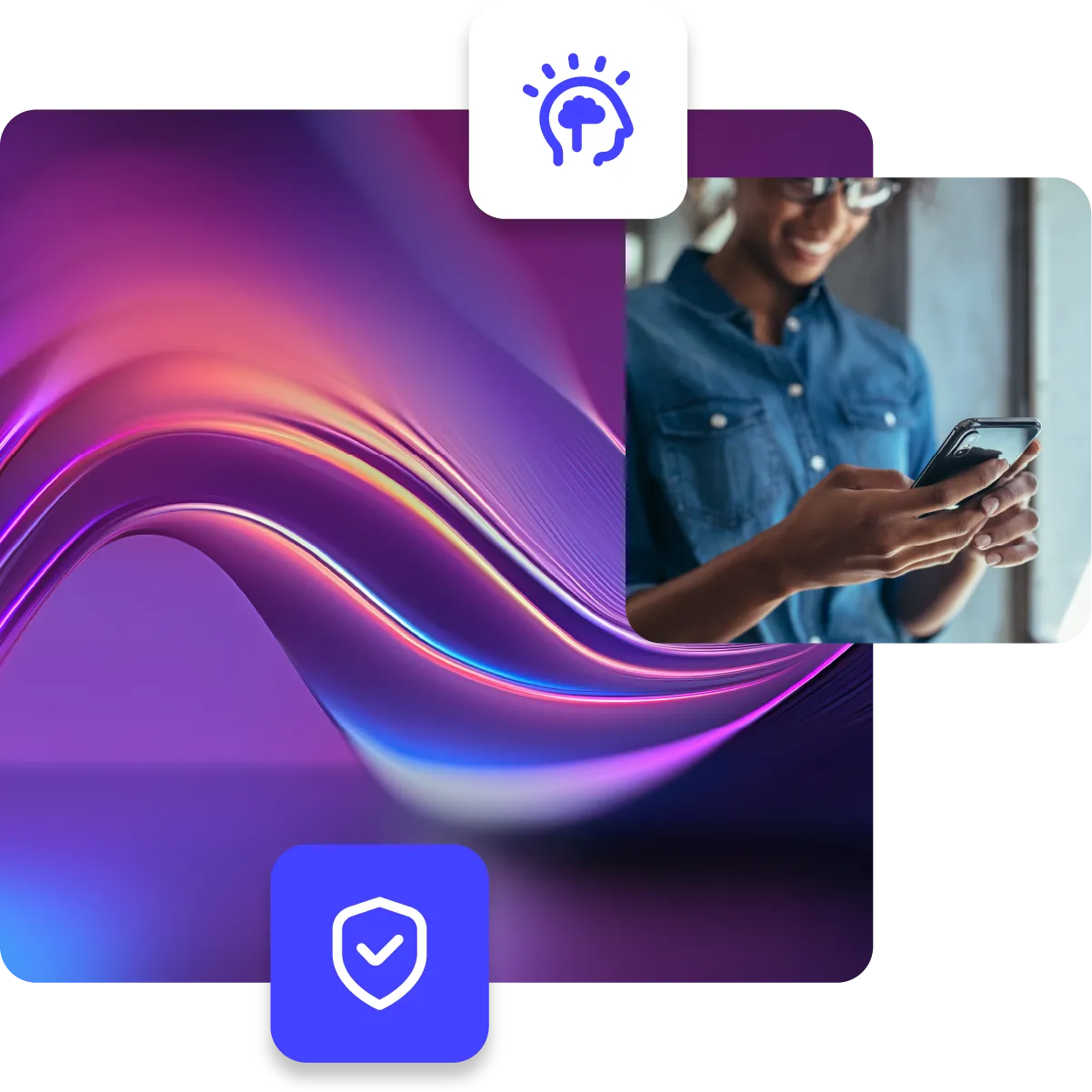 Happy young woman checking her phone and smiling, paired with abstract colourful background and shield icon