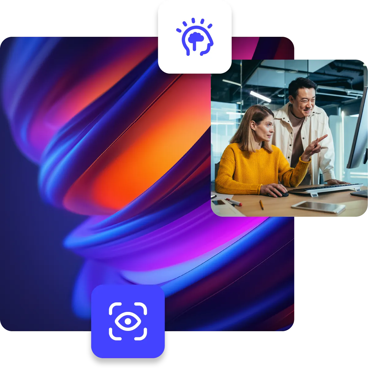 Female and male coworkers consulting a project at a computer, paired with abstract background and eye icon