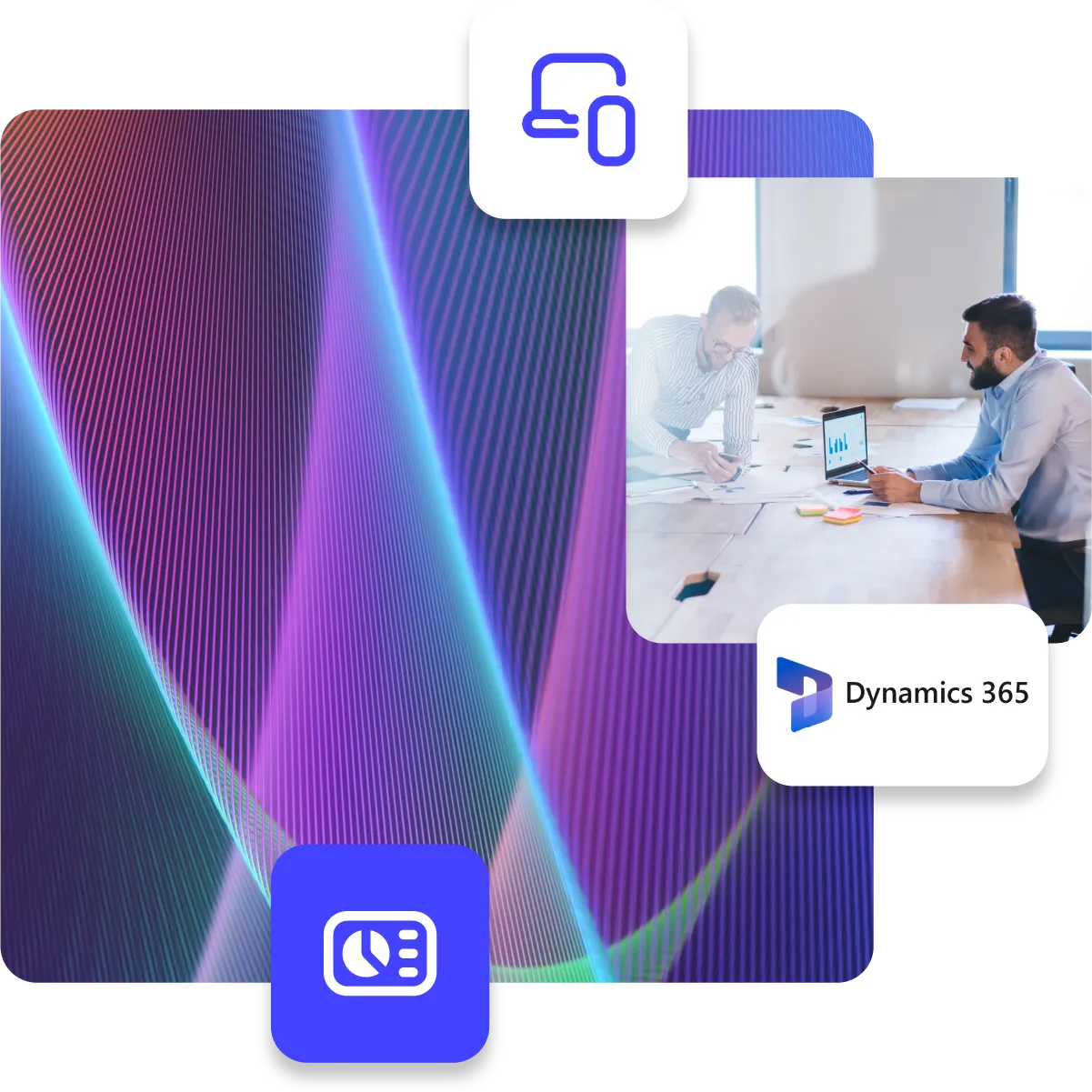 Two male professionals working on laptops in office, talking about projects, paired with abstract background and dashboard icon