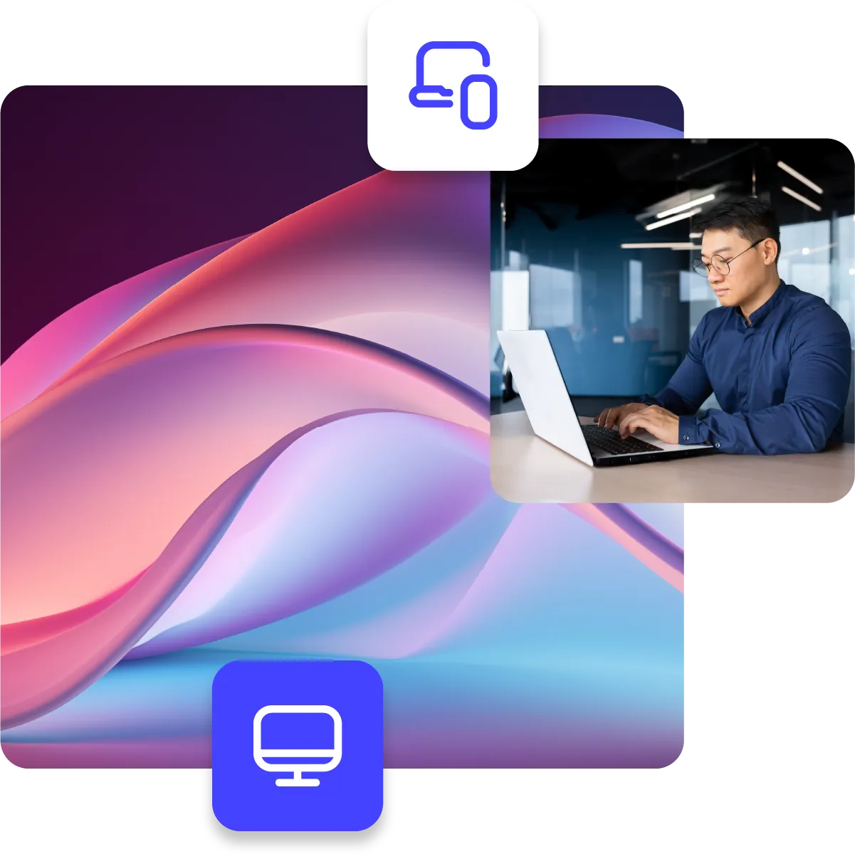 Asian young man works on a laptop in an office, paired with abstract background and computer icon