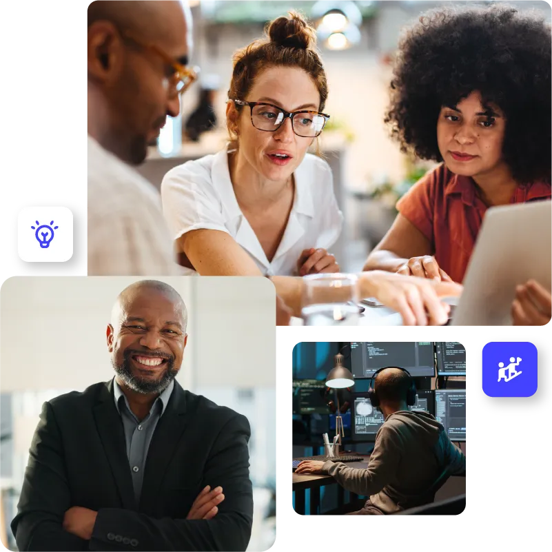 Collage of images showing colleagues at work, talking about project over laptop, young employee writing a code and happy professional businessman facing the camera