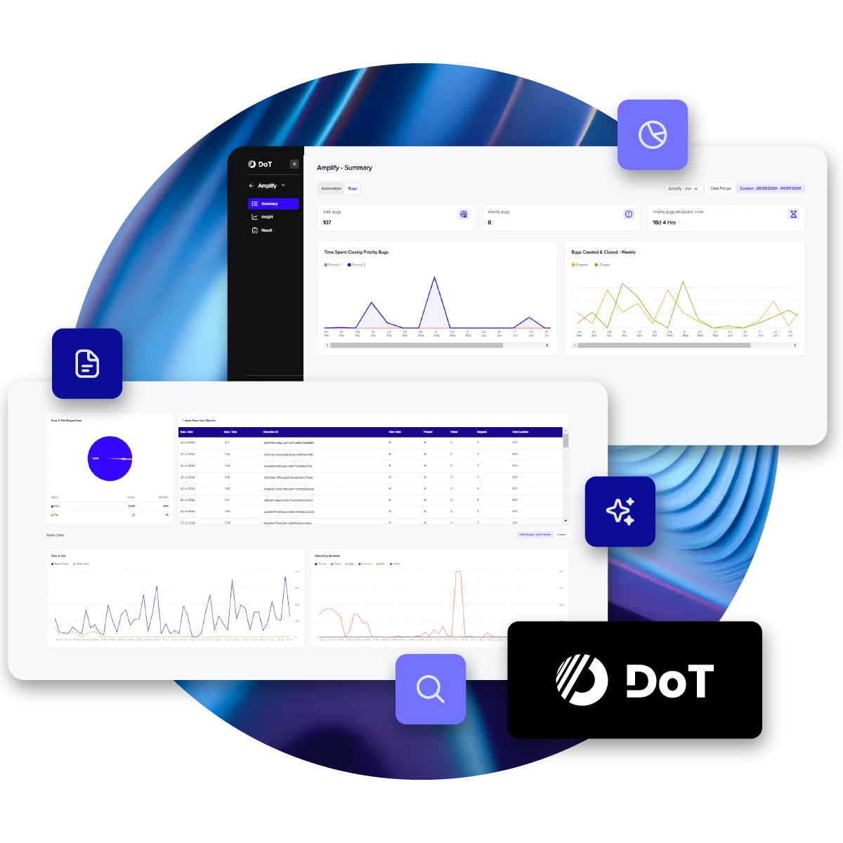 DoT Application screen preview placed on abstract background