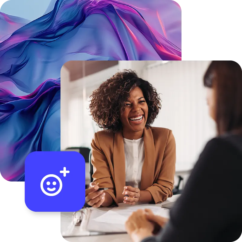 Happy woman in the office during conversation with a colleague, paired with customer satisfaction icon