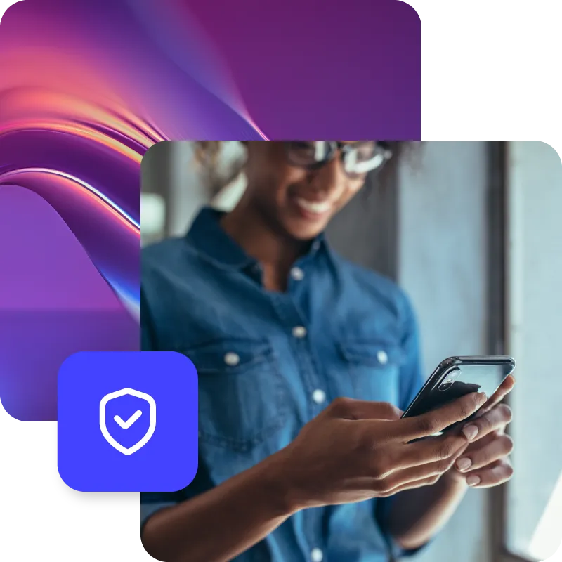 Happy young woman checking her phone and smiling, paired with shield icon