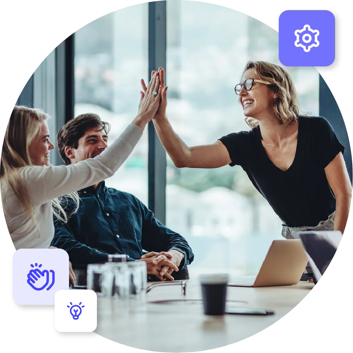 Happy group of coworkers in a conference room, gathered around table, celebrate success with a high five, paired with applause, lightbulb and gear icons